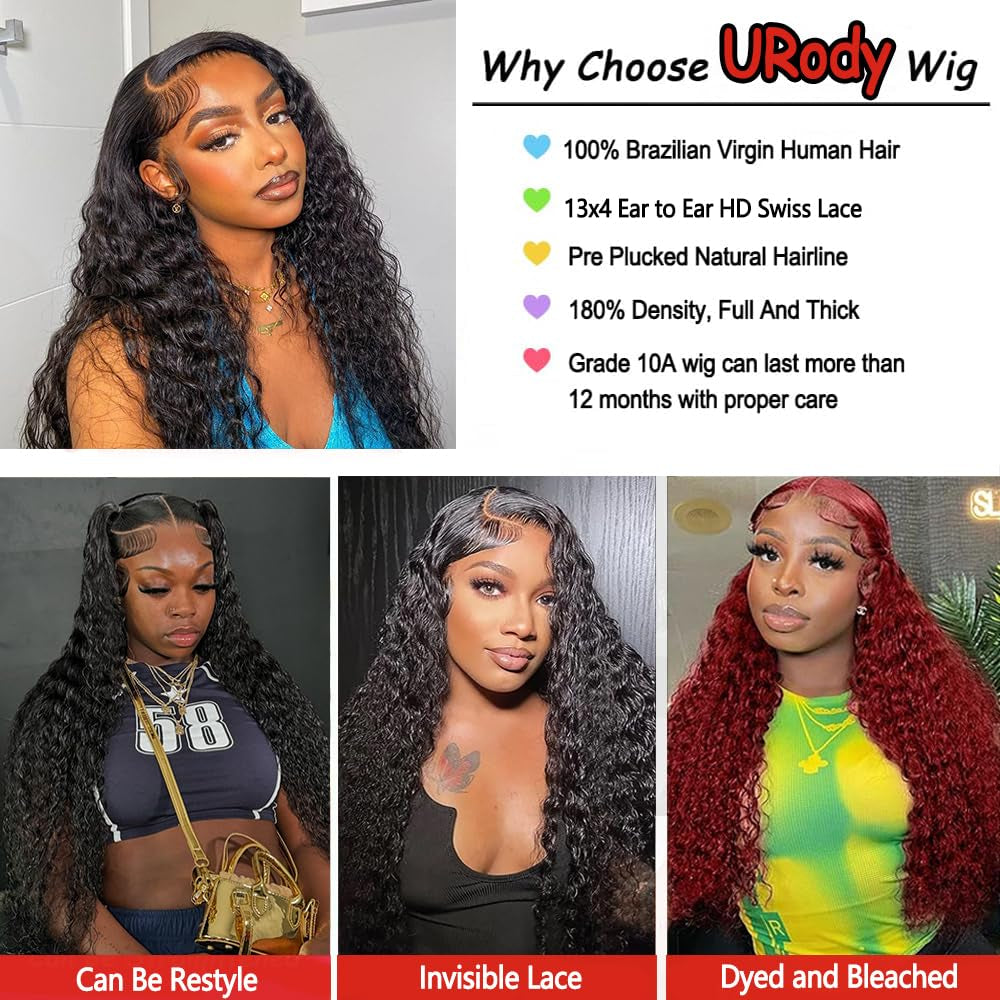 30 Inch Deep Wave Lace Front Wigs Human Hair 13X4 HD Lace Front Wigs Pre Plucked 180% Density Deep Curly Wig Wet and Wavy Glueless Frontal Human Hair Wigs for Women