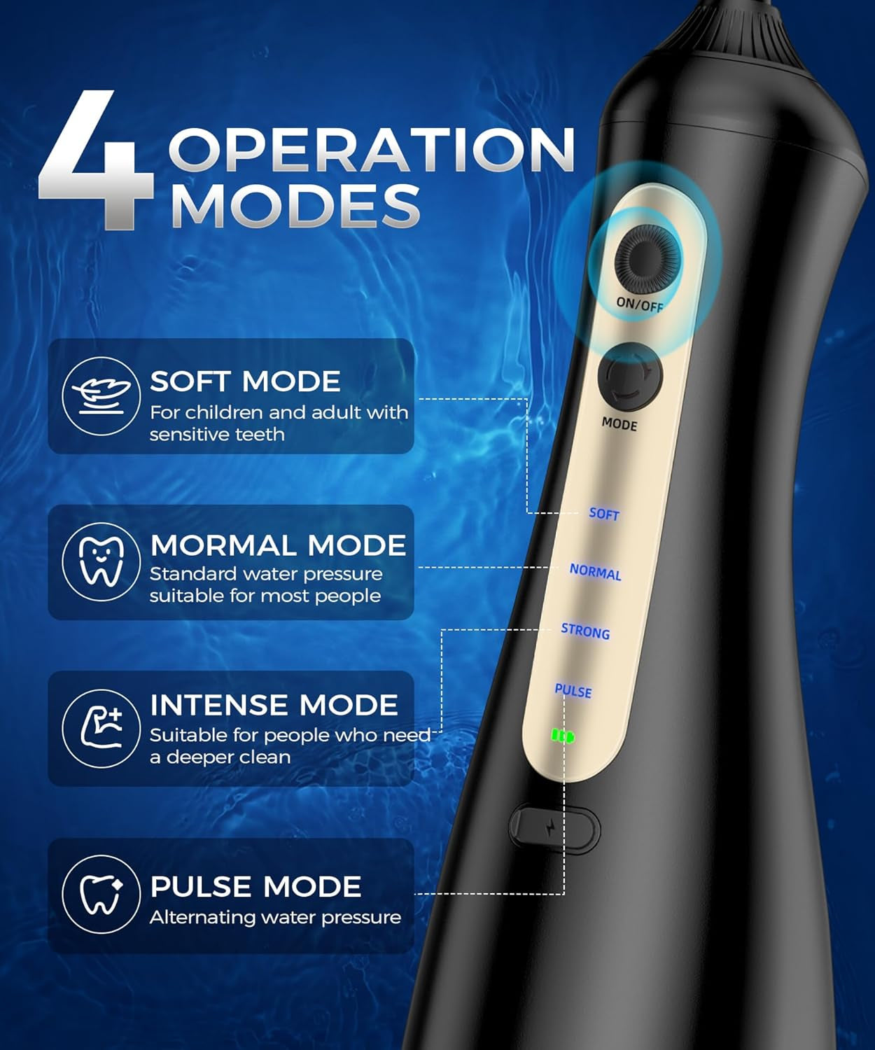 Water Flosser - Unique U-Shaped Tip for All-Round Cleaning, 8 Replacement Tips, 4 Modes Rechargeable Water Dental Flosser with IPX8 Waterproof for Home and Travel, 350 ML Water Tank, Black