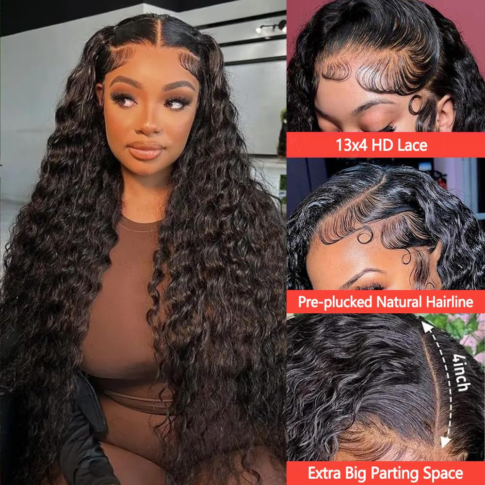 30 Inch Deep Wave Lace Front Wigs Human Hair 13X4 HD Lace Front Wigs Pre Plucked 180% Density Deep Curly Wig Wet and Wavy Glueless Frontal Human Hair Wigs for Women