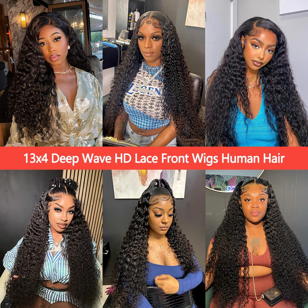 30 Inch Deep Wave Lace Front Wigs Human Hair 13X4 HD Lace Front Wigs Pre Plucked 180% Density Deep Curly Wig Wet and Wavy Glueless Frontal Human Hair Wigs for Women