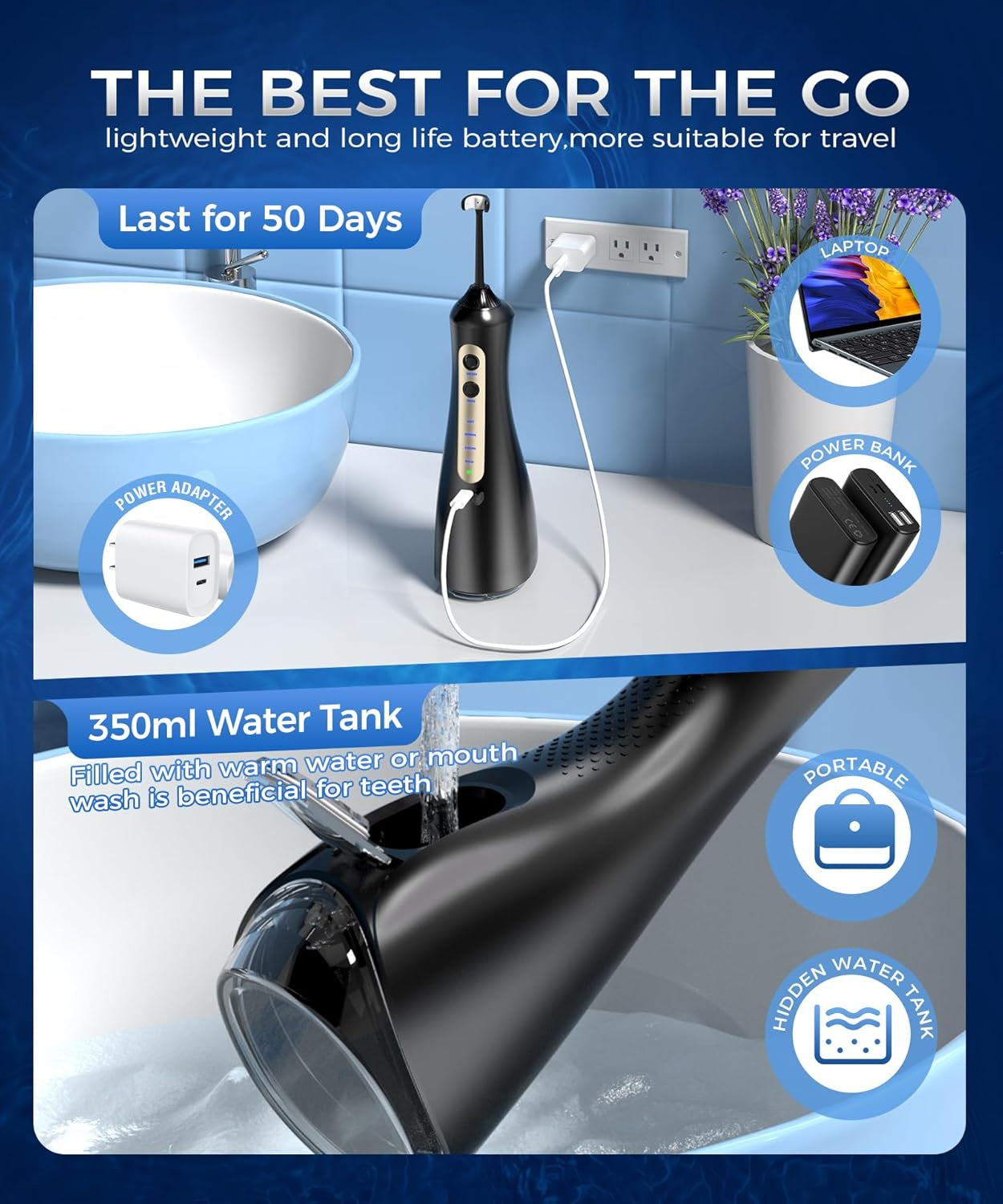 Water Flosser - Unique U-Shaped Tip for All-Round Cleaning, 8 Replacement Tips, 4 Modes Rechargeable Water Dental Flosser with IPX8 Waterproof for Home and Travel, 350 ML Water Tank, Black