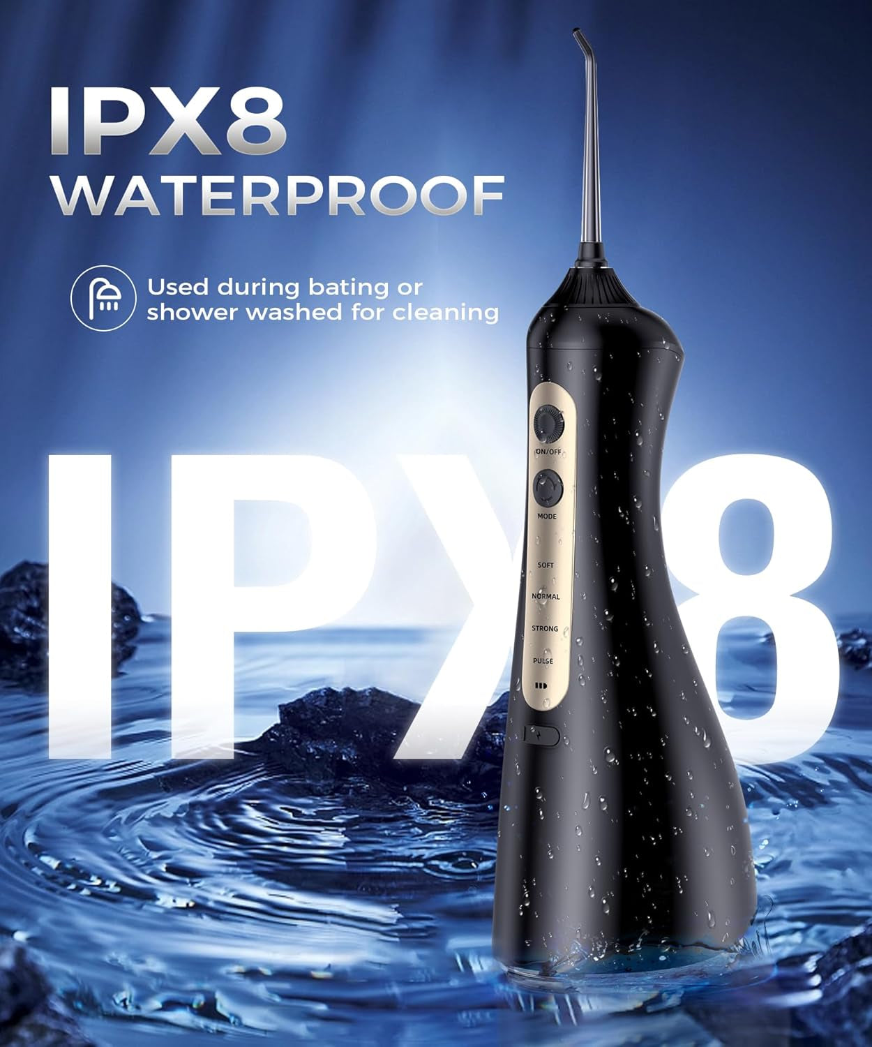 Water Flosser - Unique U-Shaped Tip for All-Round Cleaning, 8 Replacement Tips, 4 Modes Rechargeable Water Dental Flosser with IPX8 Waterproof for Home and Travel, 350 ML Water Tank, Black