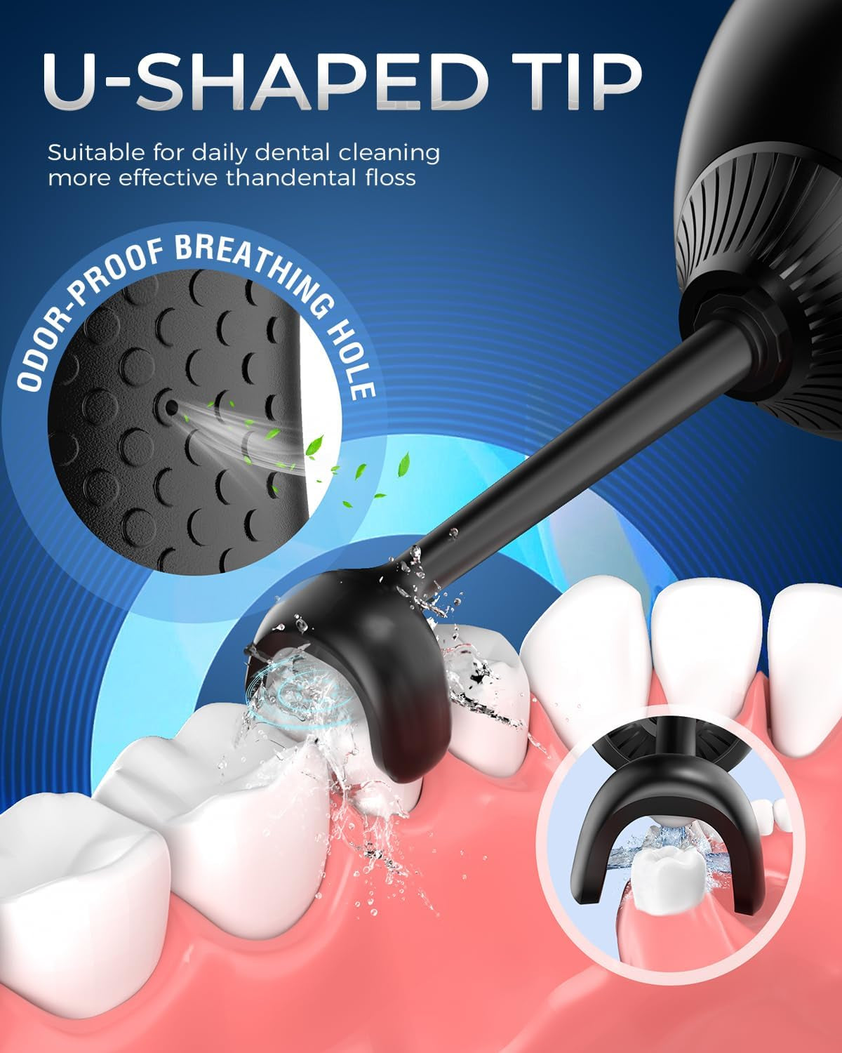 Water Flosser - Unique U-Shaped Tip for All-Round Cleaning, 8 Replacement Tips, 4 Modes Rechargeable Water Dental Flosser with IPX8 Waterproof for Home and Travel, 350 ML Water Tank, Black