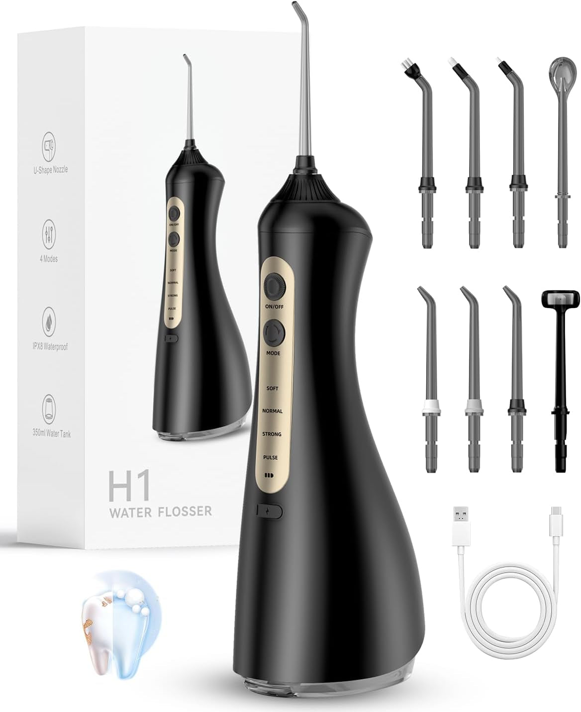 Water Flosser - Unique U-Shaped Tip for All-Round Cleaning, 8 Replacement Tips, 4 Modes Rechargeable Water Dental Flosser with IPX8 Waterproof for Home and Travel, 350 ML Water Tank, Black