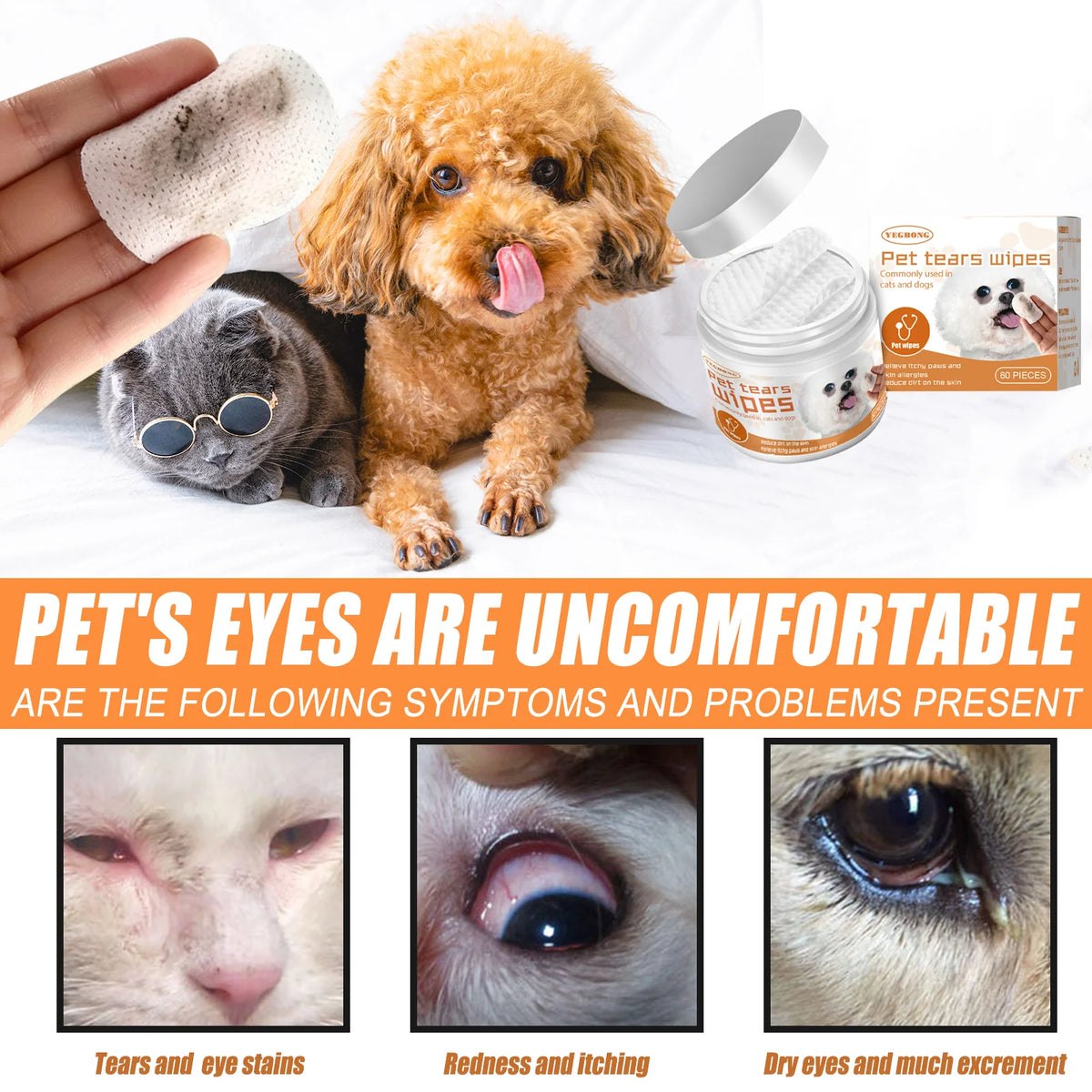 Pet Tear Stain Wipes for Dogs & Cats, Natural Aloe & Chamomile Extract Gentle Eye Cleaning Wipes, Hypoallergenic Non-Irritating 60 Count