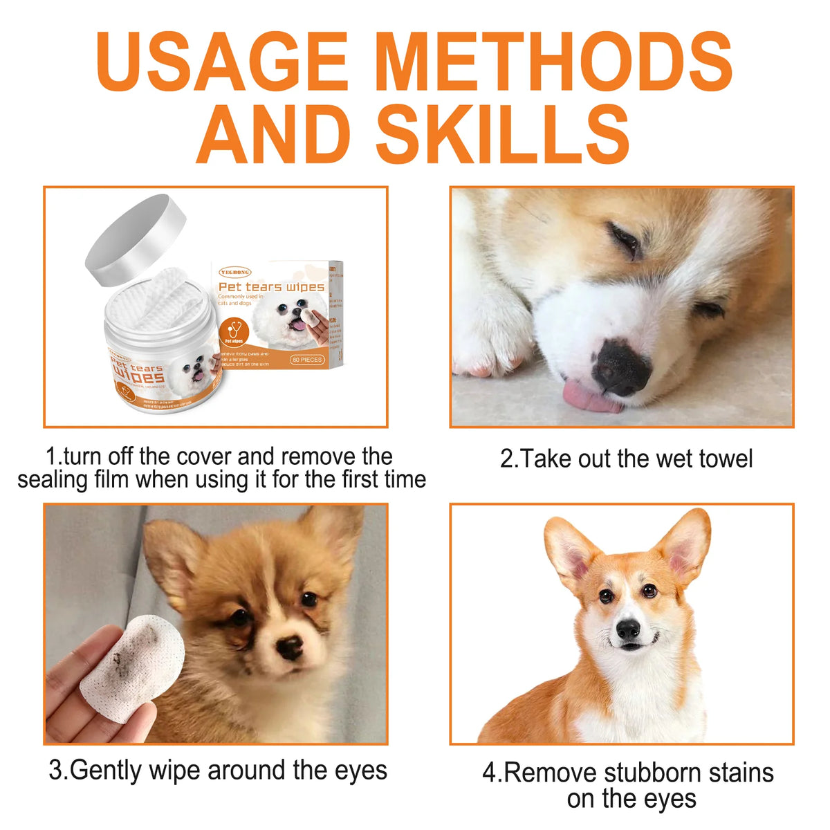 Pet Tear Stain Wipes for Dogs & Cats, Natural Aloe & Chamomile Extract Gentle Eye Cleaning Wipes, Hypoallergenic Non-Irritating 60 Count