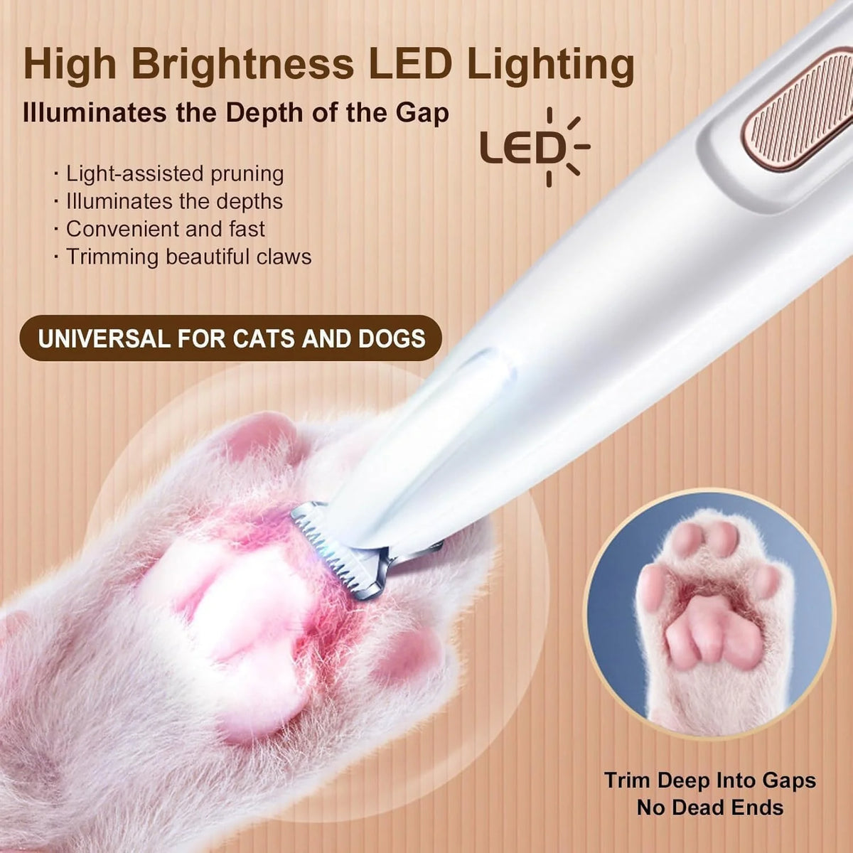 Saffory Electric Pet Paw Trimmer, Rechargeable Low-Noise Trimmer with LED Light for Dogs & Cats