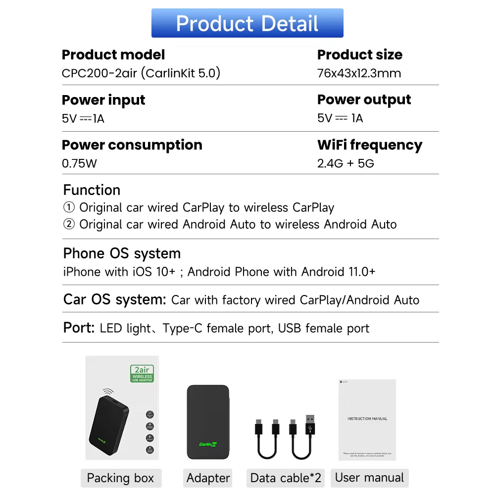 5.0 Carplay Android Auto Wireless Adapter Portable Dongle for OEM Car Radio with Wired Carplay/Android Auto