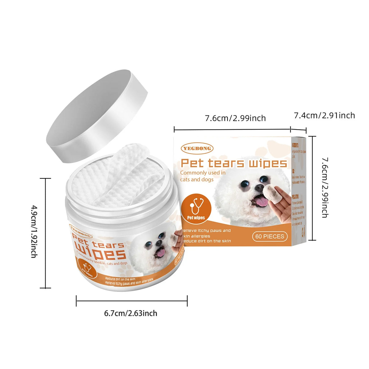 Pet Tear Stain Wipes for Dogs & Cats, Natural Aloe & Chamomile Extract Gentle Eye Cleaning Wipes, Hypoallergenic Non-Irritating 60 Count