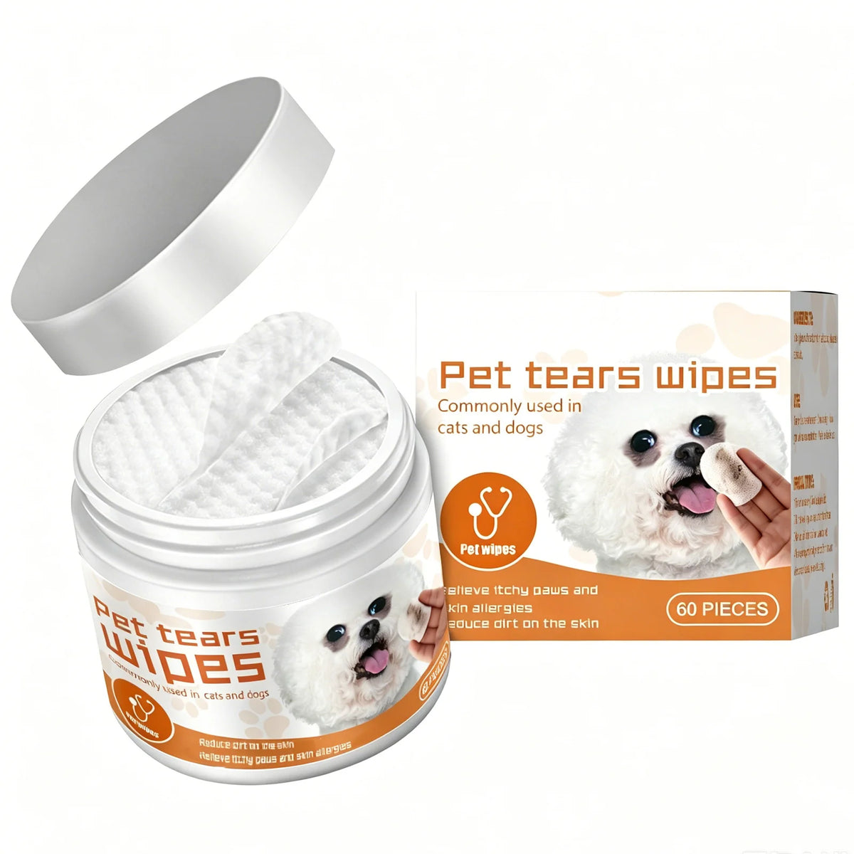 Pet Tear Stain Wipes for Dogs & Cats, Natural Aloe & Chamomile Extract Gentle Eye Cleaning Wipes, Hypoallergenic Non-Irritating 60 Count